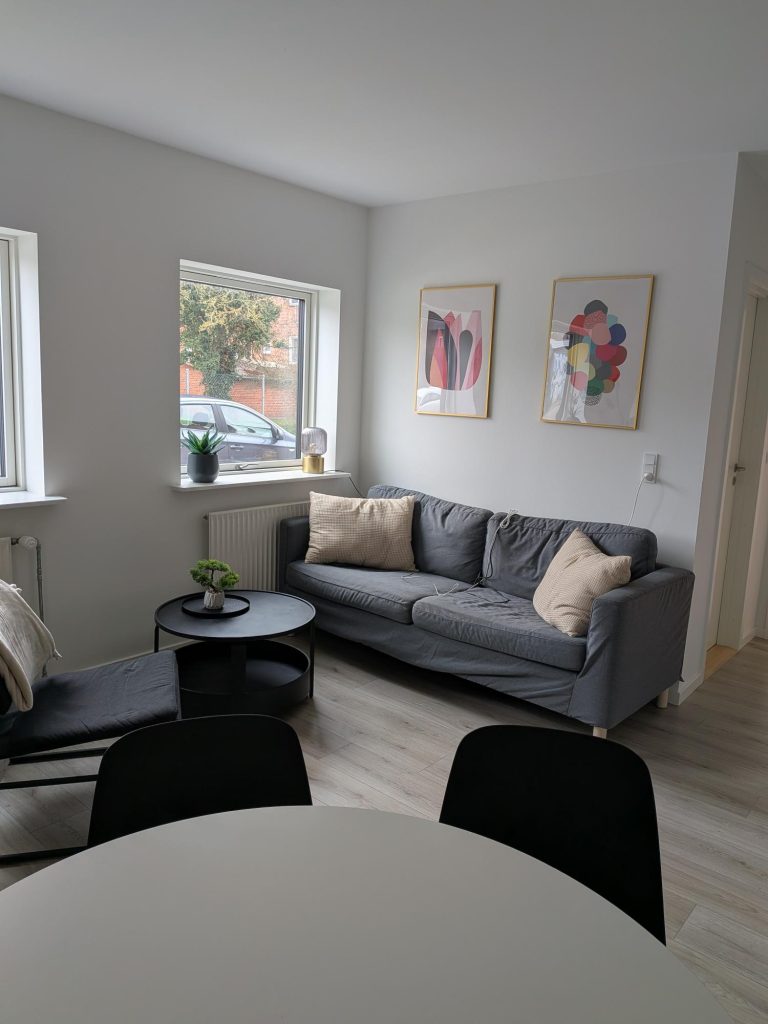 Samala kollegieværelse med sofa Værelse med 2 personers sofa, sofabord og stol. To billeder på væg