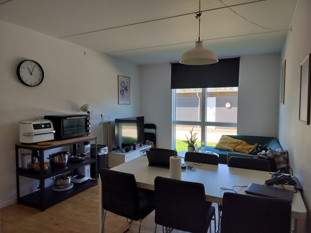 Beboerværelse Samala Kollegie Kuskevej i Vordingborg. med spisebord sofaseng, tv og lille køkken